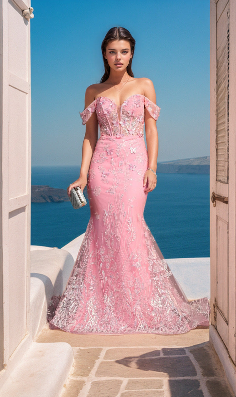 A woman in the Chicas C332 Off-Shoulder Long Butterfly Prom Dress stands between open doors with the blue sea and sky behind her, holding a small metallic clutch.